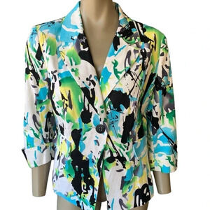 Cato Linen Blend 3/4 Sleeve Buttoned Blazer Fitted Jacket Size 14P Watercolor